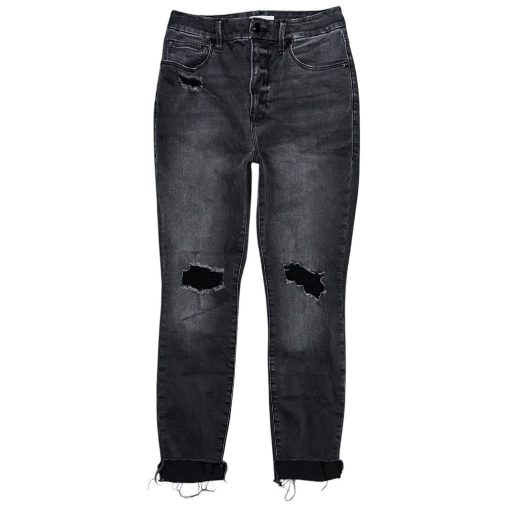 Good American Good Waist High Rise Skinny Crop Jeans Black Distressed Step Hem 6
